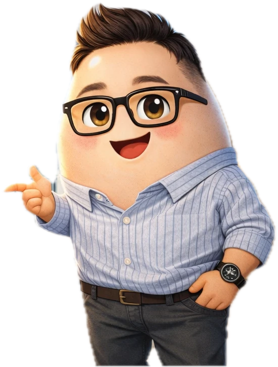 Jidan, an egg character with Sean's hair and glasses, pointing and smiling